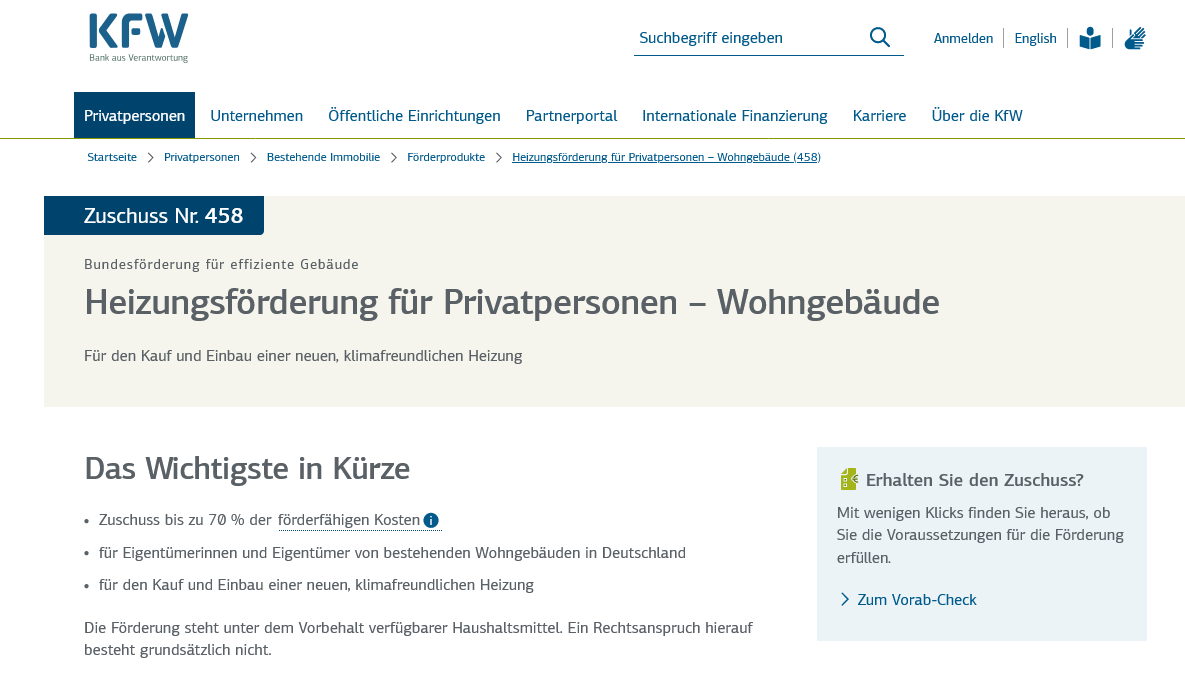 KfW Heizungsförderung (458) — Screenshot